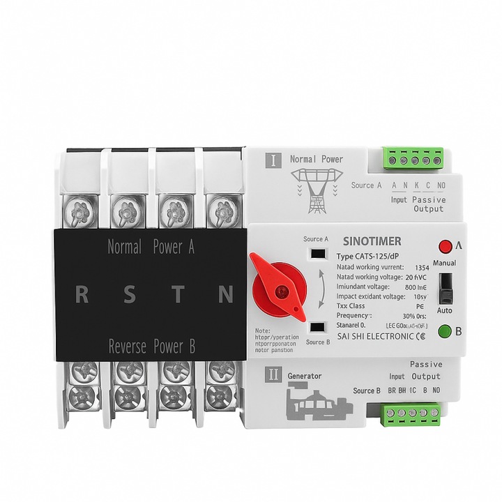 Comutator de transfer automat cu alimentare dubla, SINOTIMER, 4P, 4 faze, pe sina DIN, ATS, comutator selector electric,125A