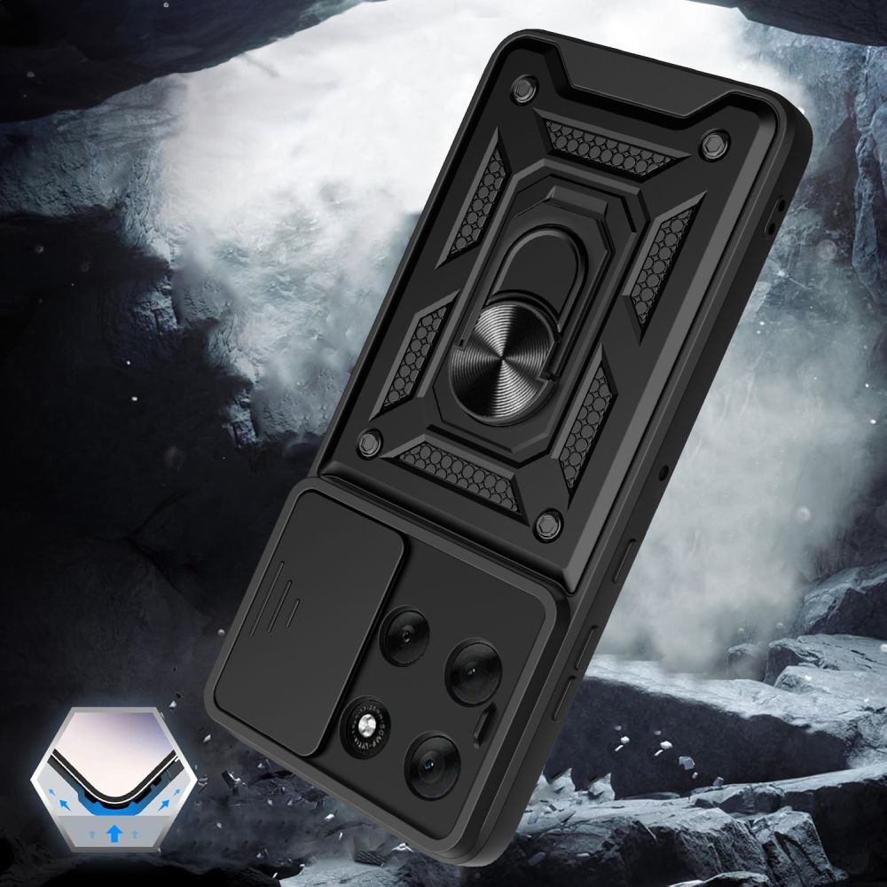 Husa de telefon compatibila cu Motorola Moto G86 5G - Camshield - carcasa din silicon negru, cu inel de sustinere pentru deget, protectie glisanta pentru camera