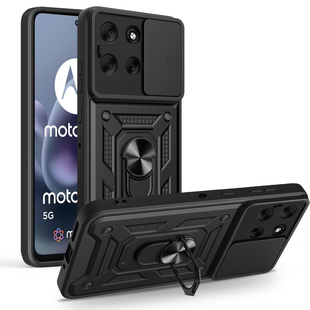 Husa de telefon compatibila cu Motorola Moto G86 5G - Camshield - carcasa din silicon negru, cu inel de sustinere pentru deget, protectie glisanta pentru camera