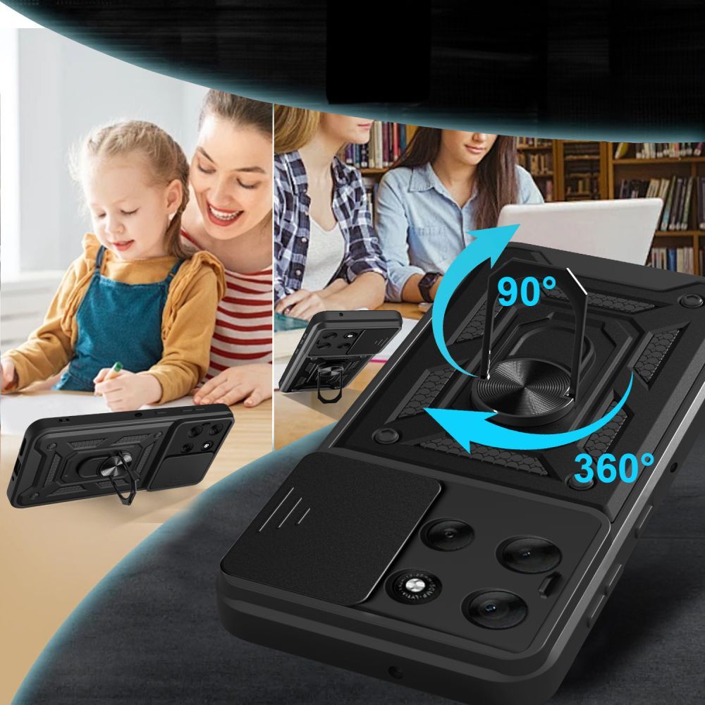 Husa de telefon compatibila cu Motorola Moto G86 5G - Camshield - carcasa din silicon negru, cu inel de sustinere pentru deget, protectie glisanta pentru camera