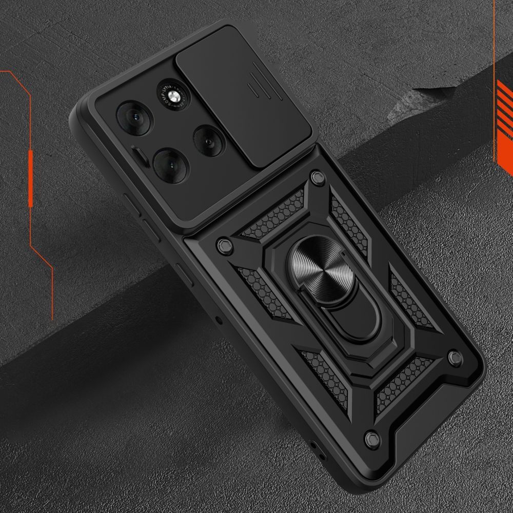 Husa de telefon compatibila cu Motorola Moto G86 5G - Camshield - carcasa din silicon negru, cu inel de sustinere pentru deget, protectie glisanta pentru camera