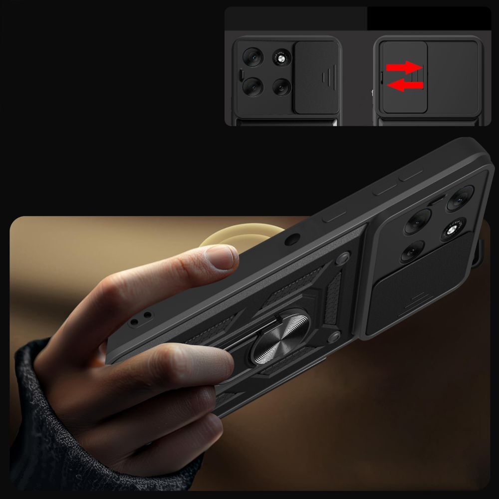Husa de telefon compatibila cu Motorola Moto G86 5G - Camshield - carcasa din silicon negru, cu inel de sustinere pentru deget, protectie glisanta pentru camera