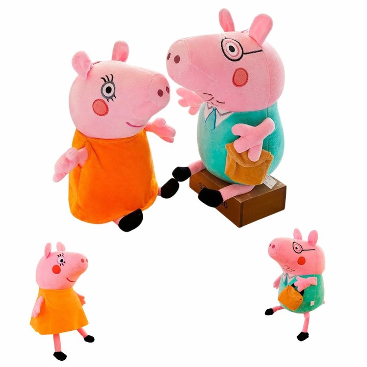 Set 2 Jucarii de Plus Peppa Pig, Cu personajele Mummy Pig si Daddy Pig, Multicolor, 23 cm, Virtual Trend®