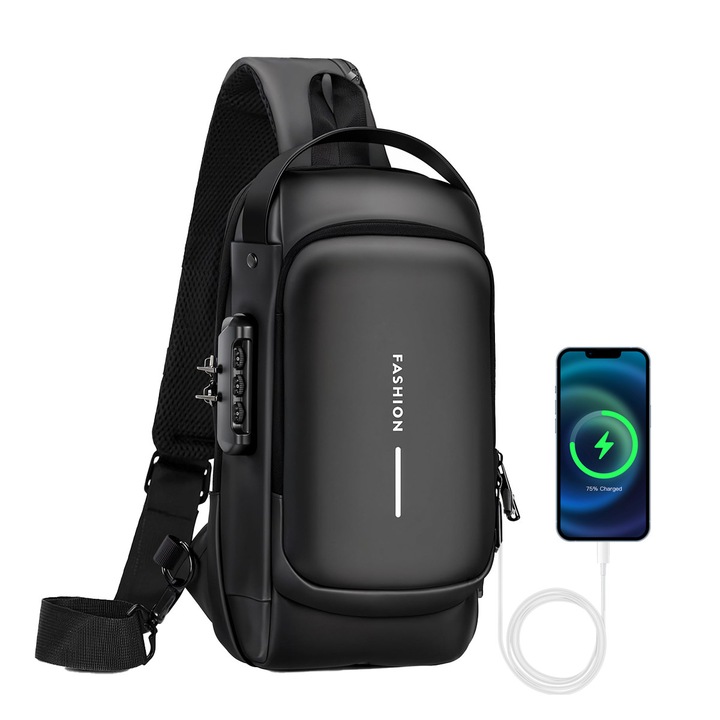 Geanta Crossbody Pentru Barbati Camaterlot, Geanta De UmaR, Geanta De MaNa Sau Geanta De Piept, Suporta iNcaRcare Usb, Poate GaZdui Ipad De 9 "7", Buzunare Multiple, iNcuietoare Antifurt, Impermeabila, 18*10*32cm, Negru