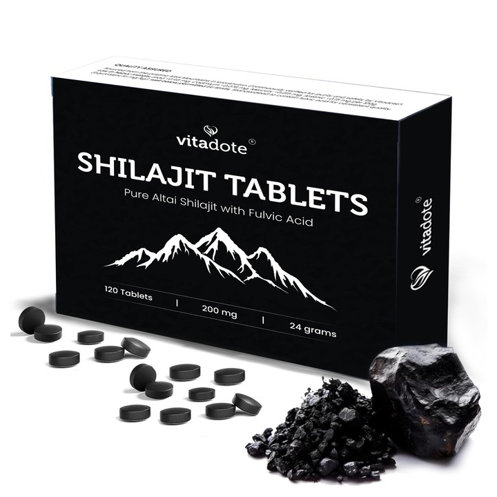 Vitadote® Shilajit Pure 24.000mg – 120 Vegán Tabletta Altai Mumio – Természetes Kiegészítő Fulvosavval és 85+ Ásványi Anyaggal – Adalékanyag-, Glutén- és GMO-mentes – Energia és Vitalitás
