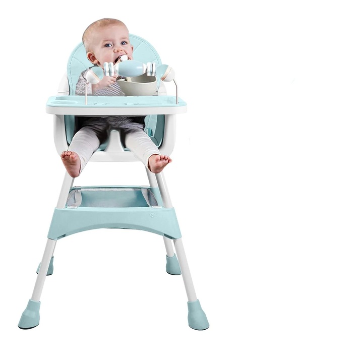 Scaun inalt pentru bebelusi, farfurie dubla convertibila, suport pentru jucarii, portabil, verde