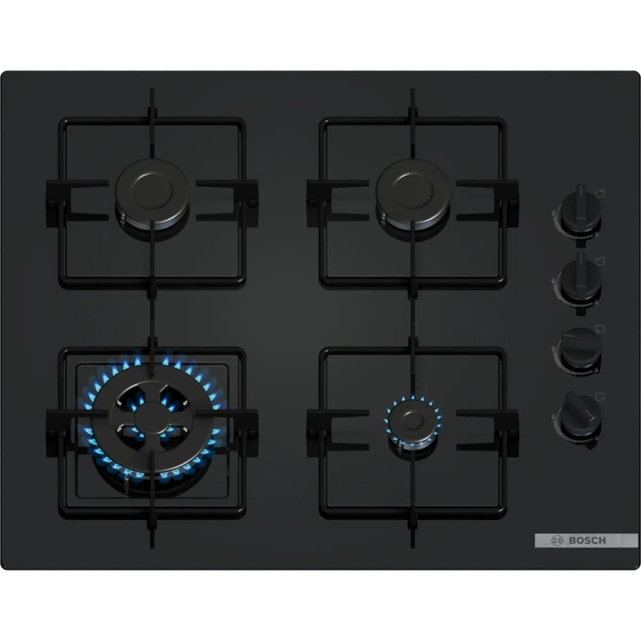 Газов котлон Bosch POH6B6K30, 60 см, 4 горелки, черен кварцов кристал, опори от неръждаема стомана, черен