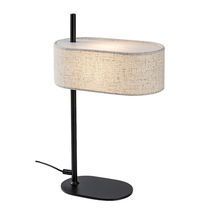 Veioza, corp din metal, abajur textil, cilindric, un soclu E14, 40 W, 270 x 100 x 430 mm, comutator on/off, bej si negru