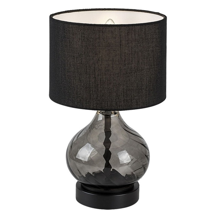 Veioza, corpul este realizat din sticla fumurie, abajur cilindric, un bec cu soclu E14, 25 W, 330 x 200 mm, IP20, negru