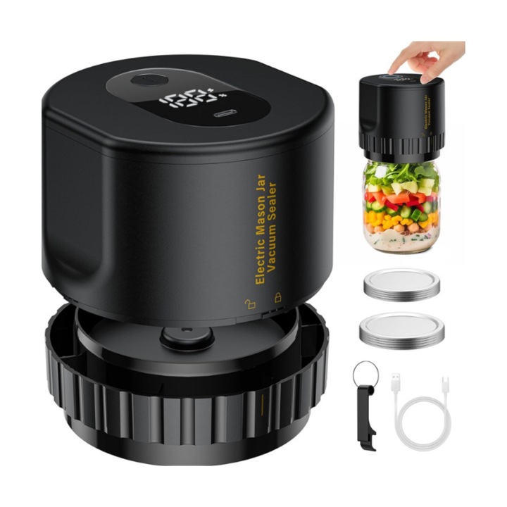 Kit portabil electric de etansare in vid pentru borcane, aparat automat de etansare pentru borcane cu capace, negru, conservarea si fermentarea alimentelor