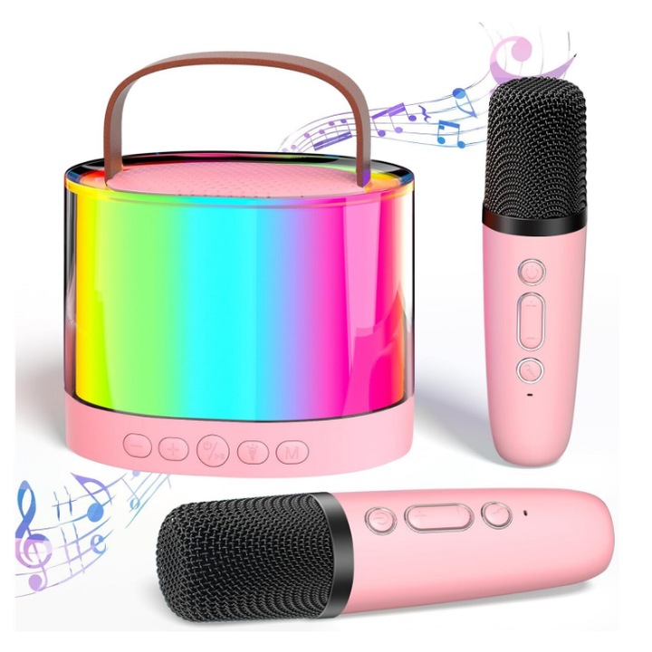 Hordozható karaoke rendszer 2 vezeték nélküli mikrofonnal, Bluetooth hangszóró hangulatvilágítással, TF/AUX kompatibilis - rózsaszín