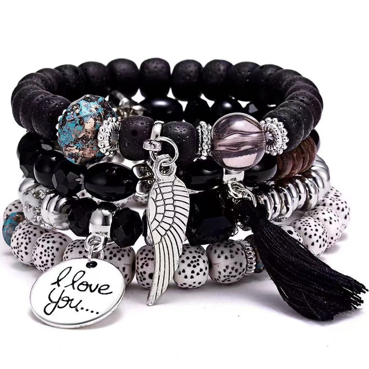 Bratare bohemian pentru femei-4 bucati, Bracelet de intindere stivabile, bijuterii boho pentru fete, 6cm, Negru, Cadouri cutii