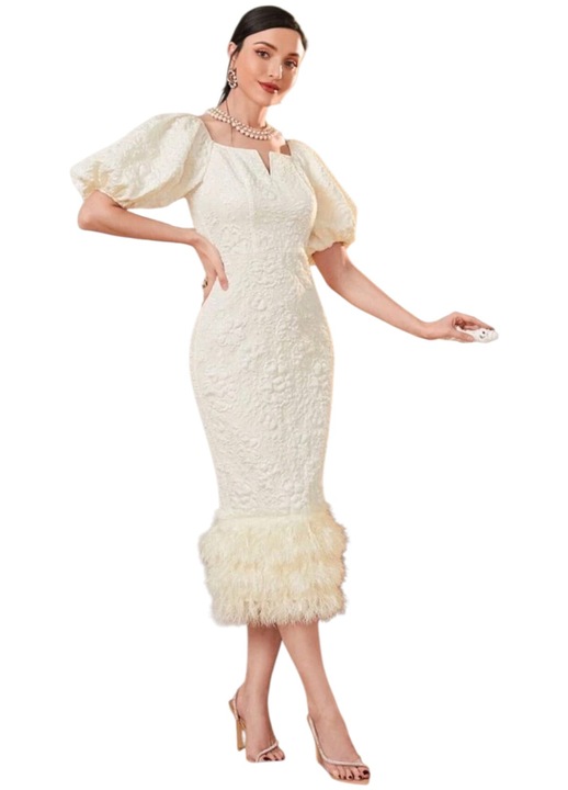 Rochie midi, eleganta, crem, cu franjuri, L