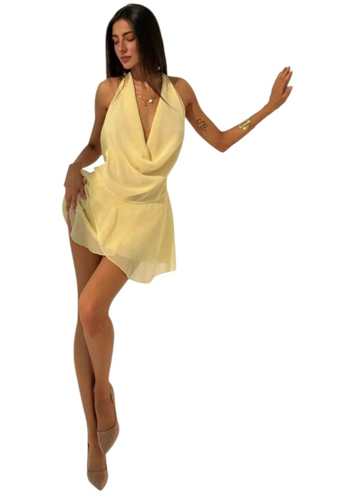 Мини рокля, копринена, жълта, с деколте, XS