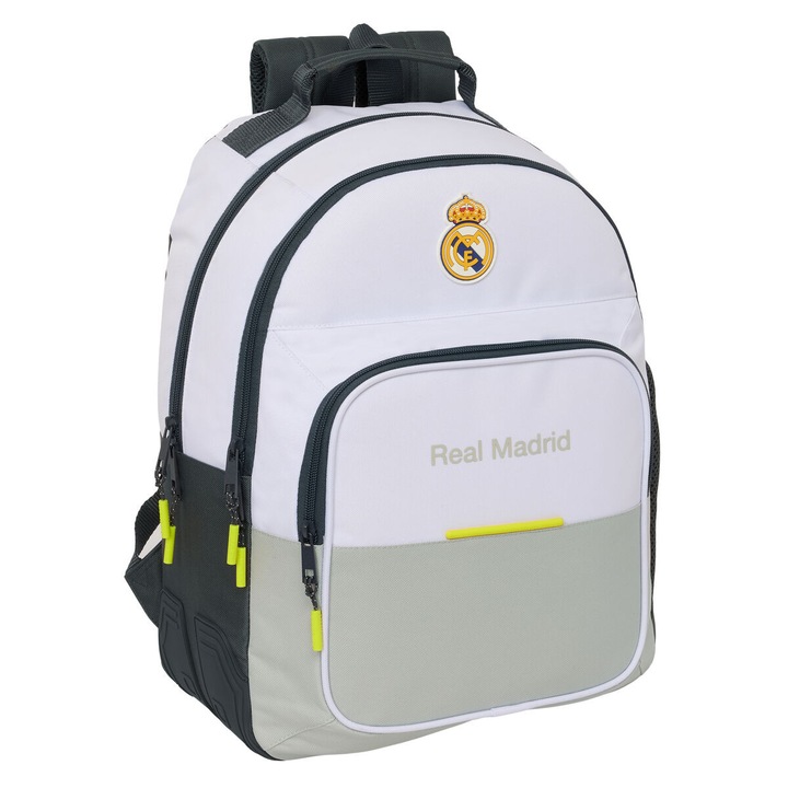 Ghiozdan Real Madrid C.F. Alb 32x42x15 cm, Ergonomic, Poliester 600D, Compartimente Multiple, Design Sportiv