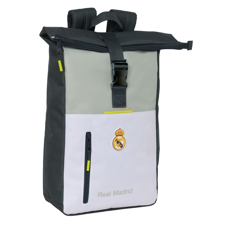 Real Madrid CF hátizsák, fehér, 28x42x13 cm, ergonomikus, 15"-os 6 laptop rekesszel, 600D poliészter, sportos dizájn