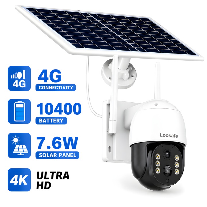 Camera de Supraveghere Solara 4G Loosafe® 4GProtect TQ5 Max, 8MP, Exterior, Acumulator 10400 mAh, Panou Solar 7.6W, Ultra HD, 5X zoom, Rotire, Leduri Lumina si Infrarosu, Comunicare Bidirectionala, Senzor Miscare, Negru