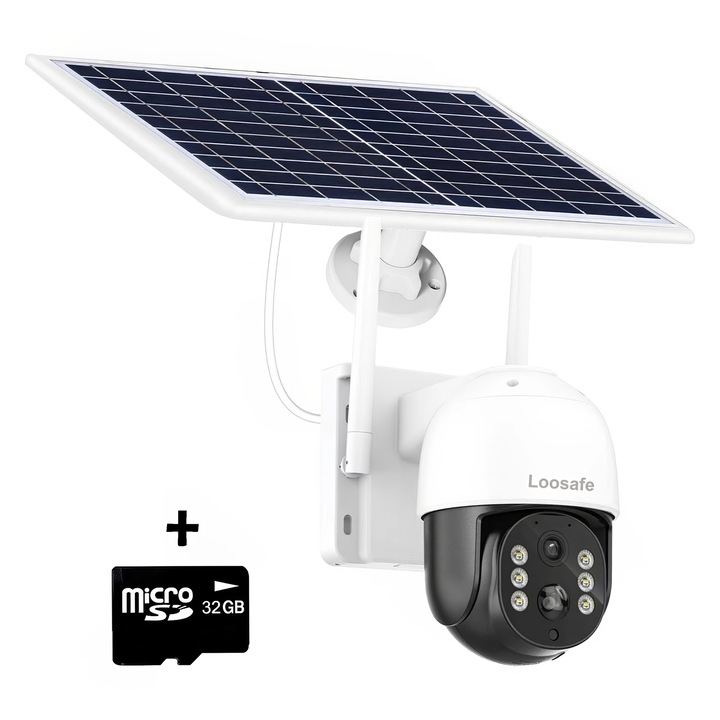 Соларна WIFI камера за наблюдение Loosafe® WiFiGuard TQ5 +, 8MP, външна, батерия 10400 mAh, соларен панел 7.6W, Ultra HD, 5X увеличение, ротация, LED светлини и инфрачервени диоди, двупосочна комуникация, сензор за движение, черна