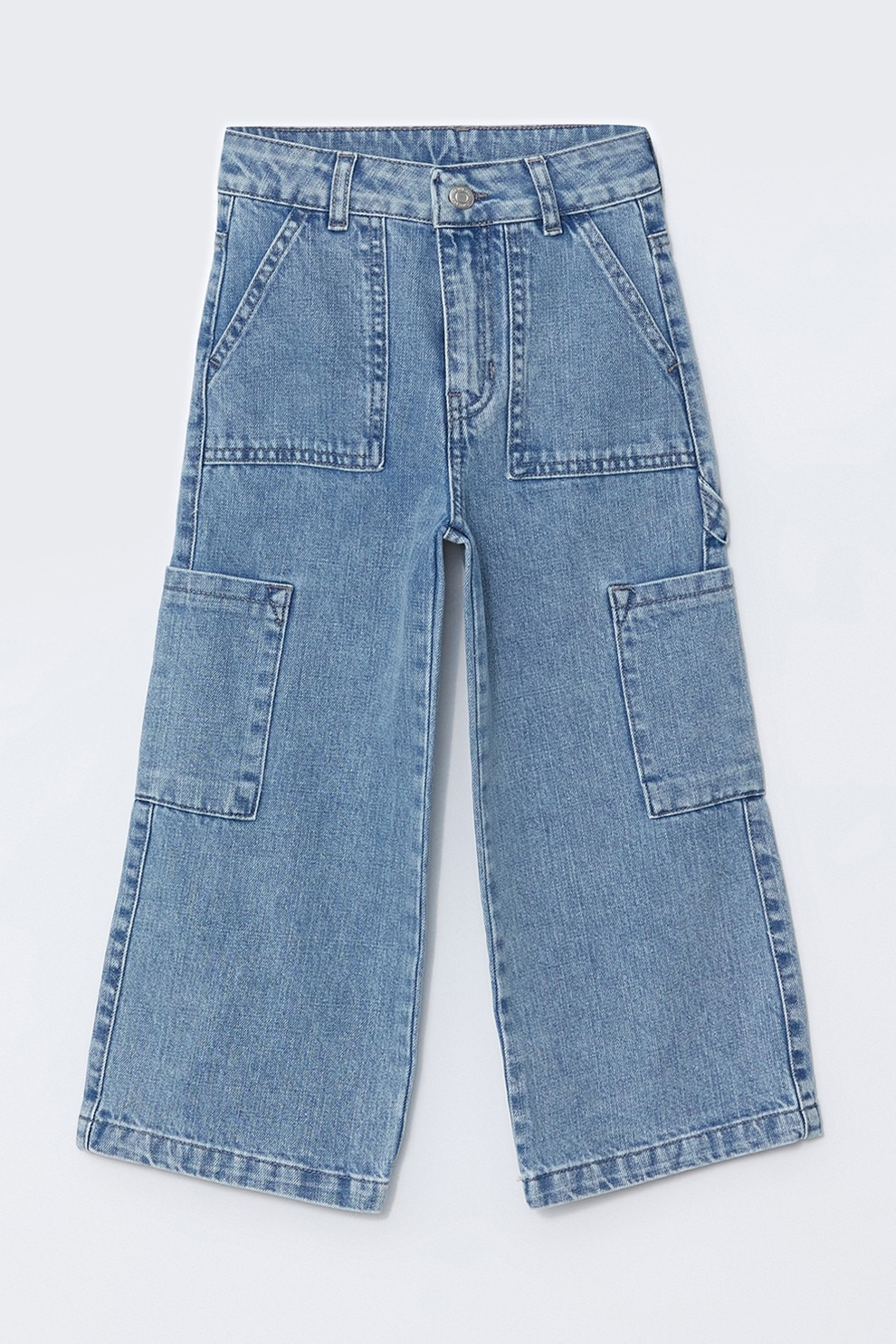 LC WAIKIKI, Blugi cu croiala ampla si terminatie franjurata, Albastru melange, 146-152 CM