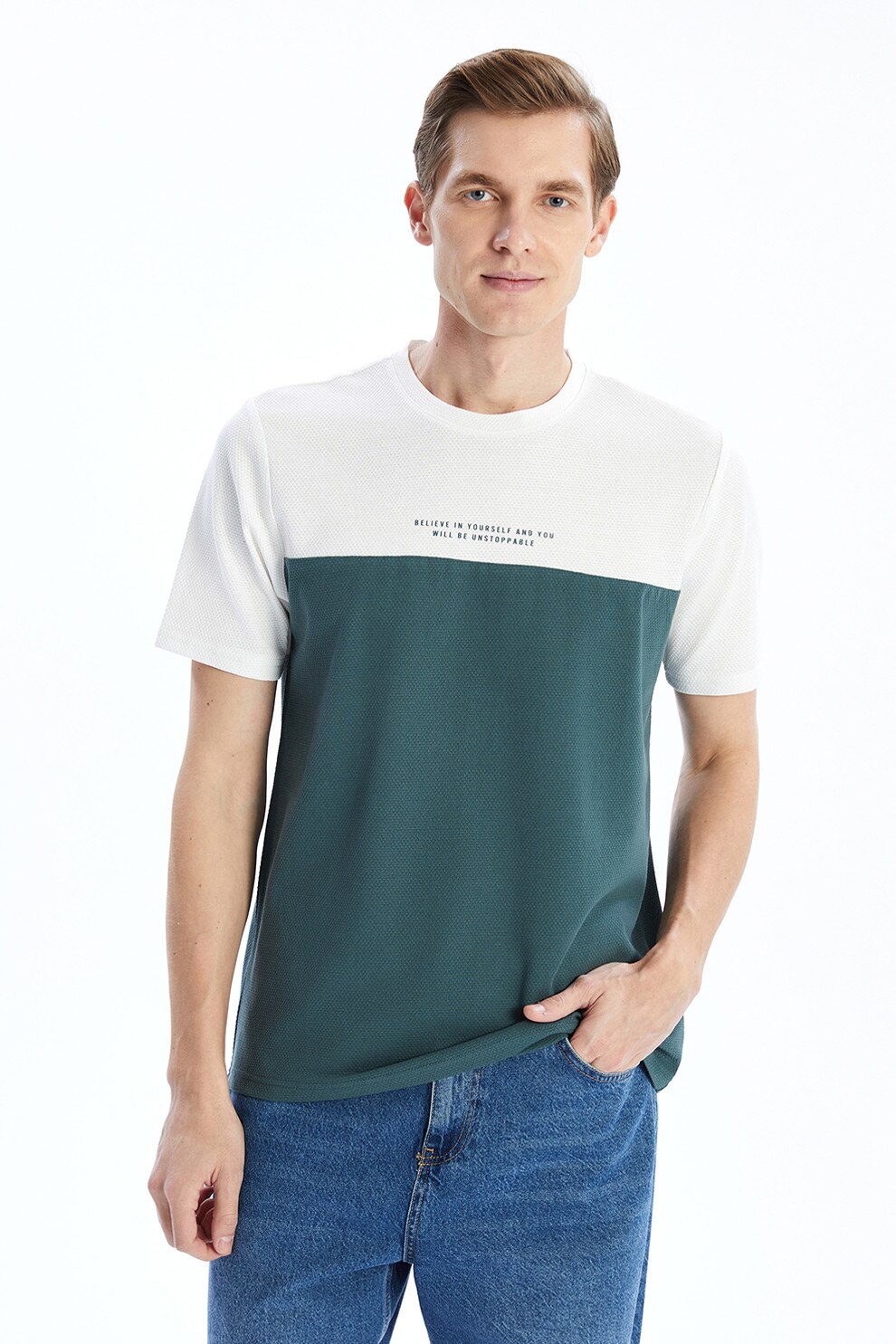 LC WAIKIKI, Tricou regular fit cu text, Crem, Verde persan, L