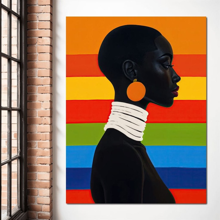 Премиум картина върху платно, LuxCanva® G1132, Жена с дъга, 90 X 120 см, 100% памучно платно 400 г/м2, дървена рамка, афро, модернизъм, елегантност, бижута, дъга, стилизирано, профил, колие, обеци, цветно, красиво, офис, хол