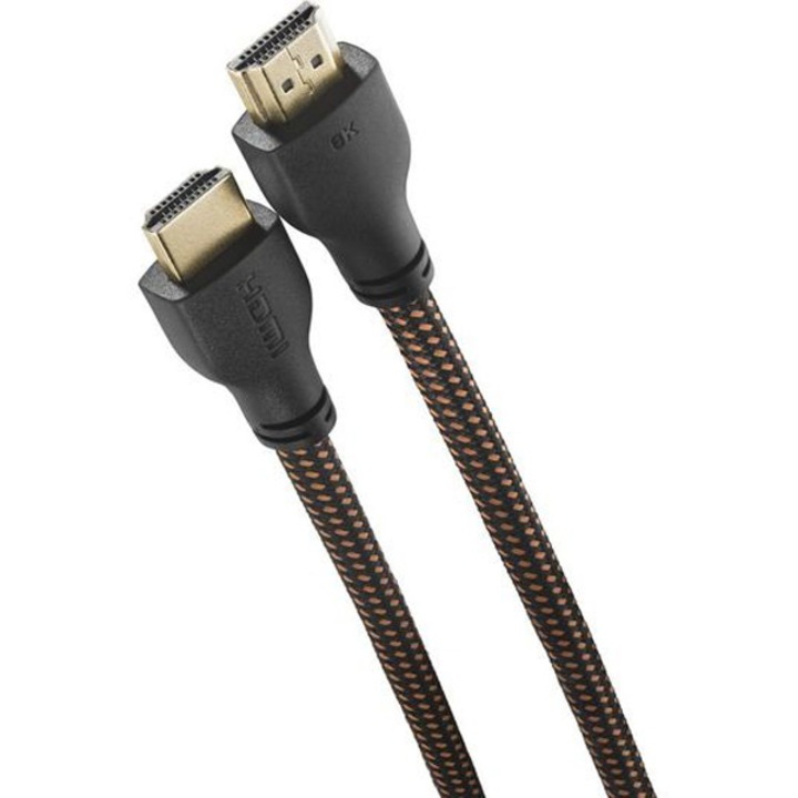 Ултра високоскоростен HDMI кабел One for All, 8K 60Hz, 4K 120Hz, скорост на трансфер 48Gbps, HDMI 2.1, позлатени конектори, 1.5 м, черен/оранжев