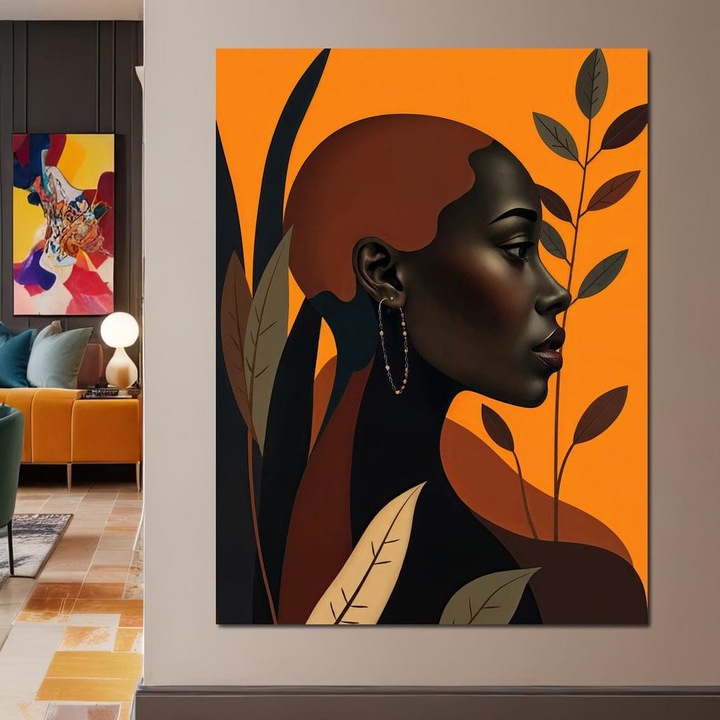 Премиум картина върху платно, LuxCanva® G1133, Дишащи листа, 100 X 145 см, 100% памучно платно 400 г/м2, дървена рамка, светлина, земя, злато, сянка, листа, природа, жена, елегантност, женственост, обеци, профил, афро, офис, хол