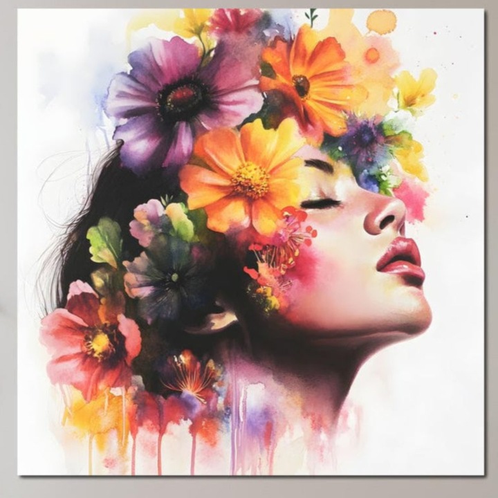 Картина върху платно LuxCanva G1137, Мечта в венчелистчета, 90 X 90 см, 100% памучно платно 400 г/м2, дървена рамка, феминизъм, градина, цветя, елегантност, природа, кралица, свежест, свобода, изкуство