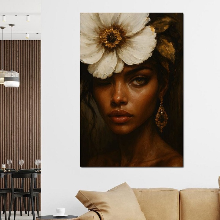 Премиум картина върху платно, LuxCanva® G1138, Защитникът на венчелистчетата, 70 X 100 CM, 100% памучно платно 400g/m2, дървена рамка, Богиня, Грация, Поглед, Магия, Красота, Мистериозност, Цветя, Благородство, Контраст, Бижута, Офис, Хол