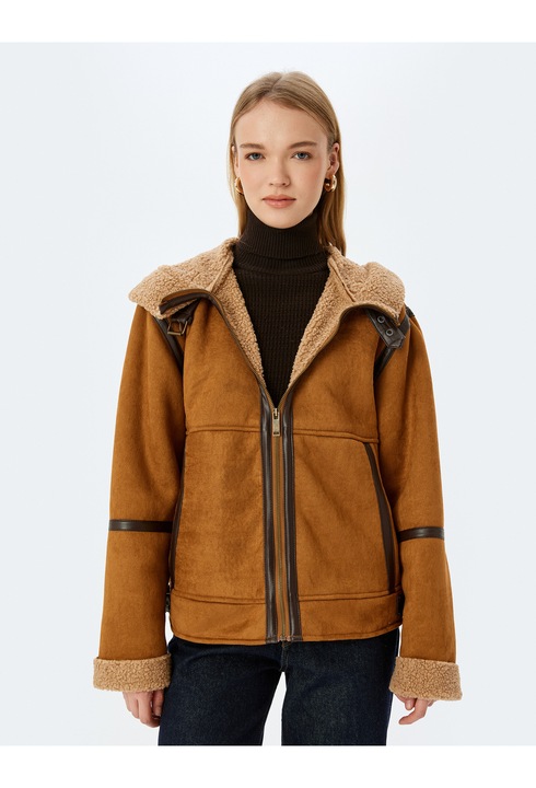 KOTON, Jacheta cu gluga de blana shearling sintetica, Maro scortisoara, XS