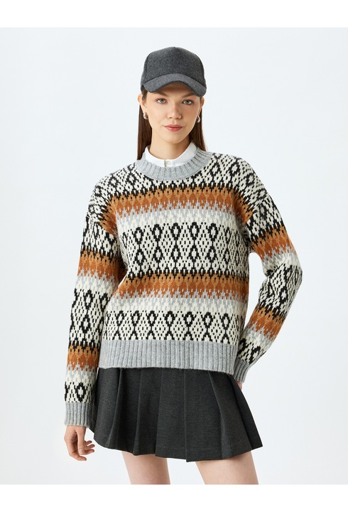 KOTON, Pulover lejer cu model Fair Isle, Gri, L