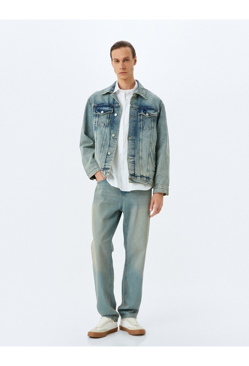 KOTON, Jacheta din denim cu aspect decolorat, Albastru indigo, L