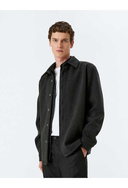KOTON, Camasa uni din flanel cu guler clasic, Gri antracit, L