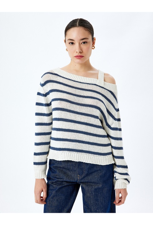 KOTON, Pulover din amestec de bumbac cu dungi si decolteu pe un umar, Albastru, L