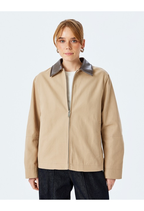 KOTON, Jacheta cu fermoar si garnituri de piele ecologica, Crem, XS