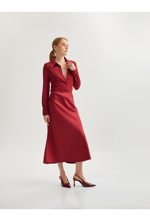 KOTON, Fusta satinata cu croiala in A, Visiniu, XS