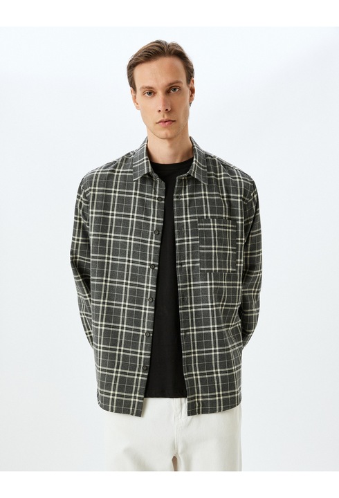 KOTON, Camasa relaxed fit in carouri, Negru, L