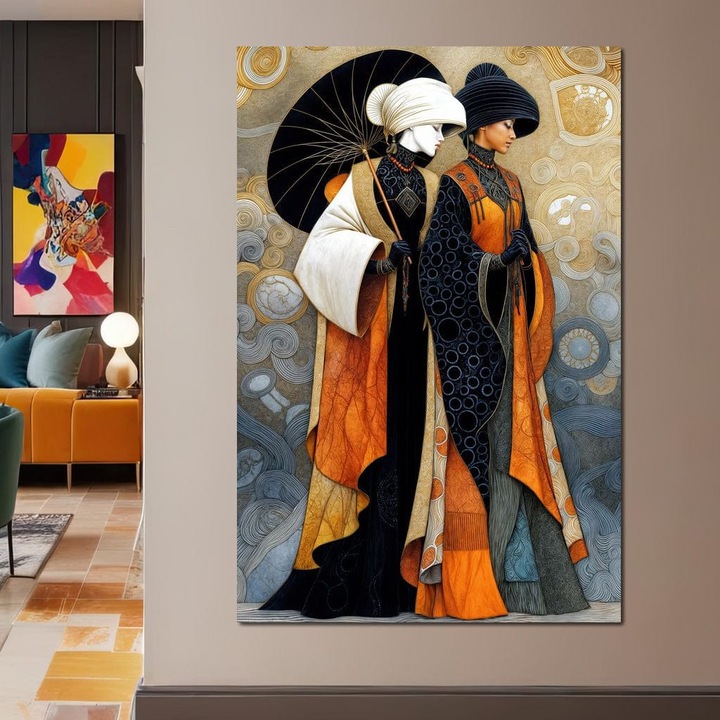 Картина върху платно LuxCanva® G1140, Дъщери на азиатския вятър, 60 X 90 см, 100% памучно платно 400 гр/м2, Дървена рамка, Изкуство, декоративно, изискано, костюм, традиционно, азиатско, чадър, символизъм, ходене, приятелство