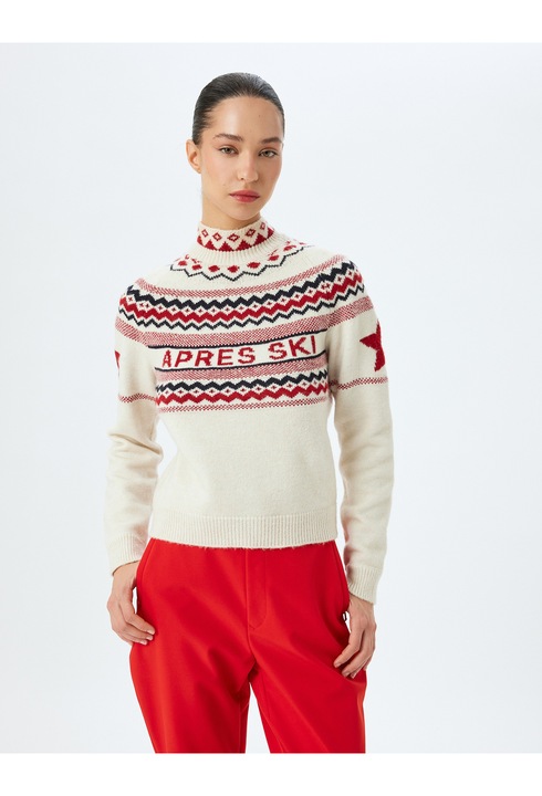 KOTON, Pulover din amestec de lana cu guler inalt, Rosu/Crem, L