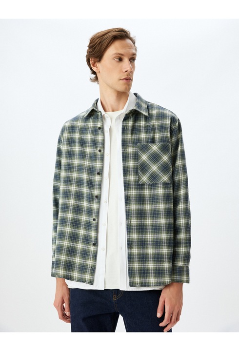 KOTON, Camasa in carouri cu buzunar pe piept, Alb/Verde, L