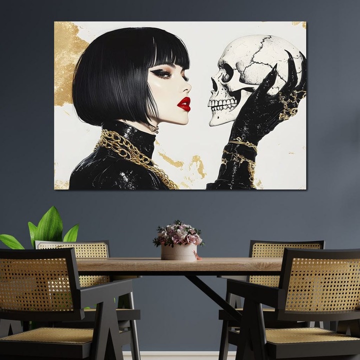 Премиум картина върху платно, LuxCanva® G1141, Отвъд времето, 80 X 120 см, 100% памучно платно 400 г/м2, дървена рамка, живот, скелети, череп, отражение, символизъм, готика, двойственост, безсмъртие, блясък, мистериозност, безшумност, офис, хол