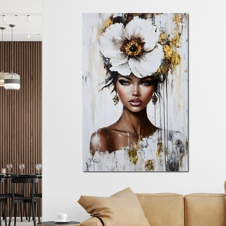 Премиум картина върху платно, LuxCanva® G1144, Магнолия Красота, 100 X 150 CM, 100% памучно платно 400g/m2, дървена рамка, Кралица, Кралска особа, Чистота, Грация, Женственост, Изкуство, Портрет, Лукс, Мода, Творчество, Красота, Офис, Хол