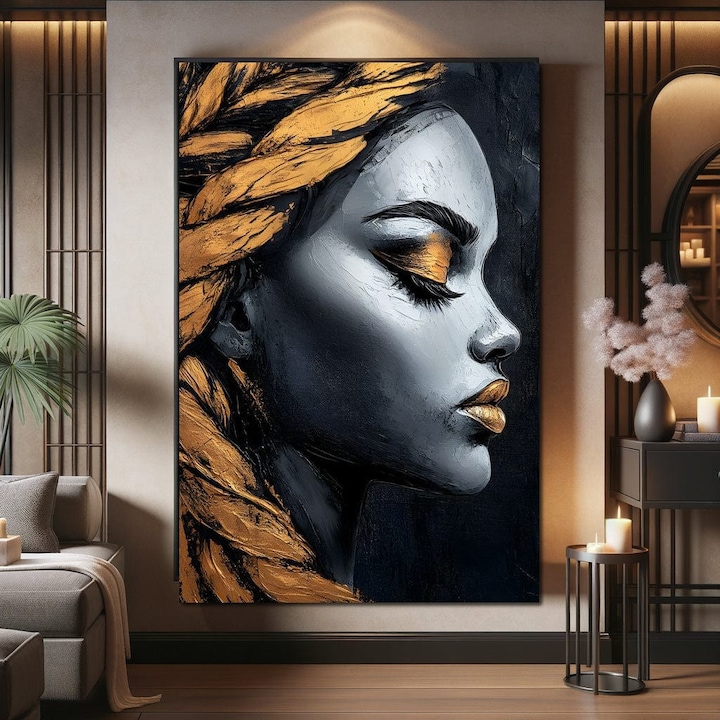 Премиум картина върху платно, LuxCanva® G1146, Жена със златен профил, 100 X 150 СМ, 100% памучно платно 400 г/м2, дървена рамка, изкуство, модерно, живопис, съвременна, златна, модерна, бяла, черна, елегантност, плетене, офис, хол