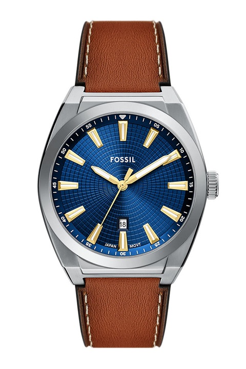 Fossil, Часовник с кварц и кожена каишка, Сребрист, Канела