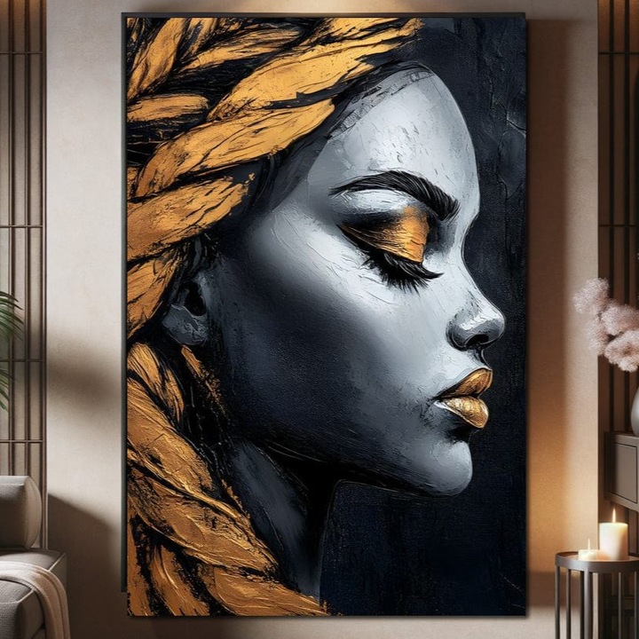Картина върху платно LuxCanva G1146, Жена със златен профил, 60 X 90 см, 100% памучно платно 400 г/м2, дървена рамка, изкуство, модерна, живопис, съвременна, златна, модерна, бяла, черна, елегантност, плетене, офис, хол