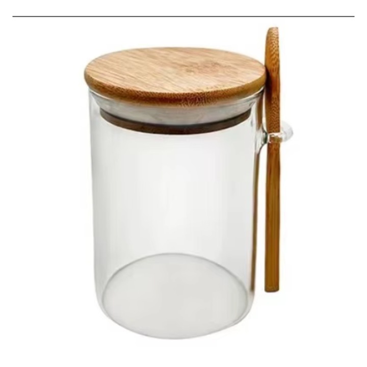 Стъклен буркан за съхранение с херметически затворен бамбуков капак и лъжичка, 80x100