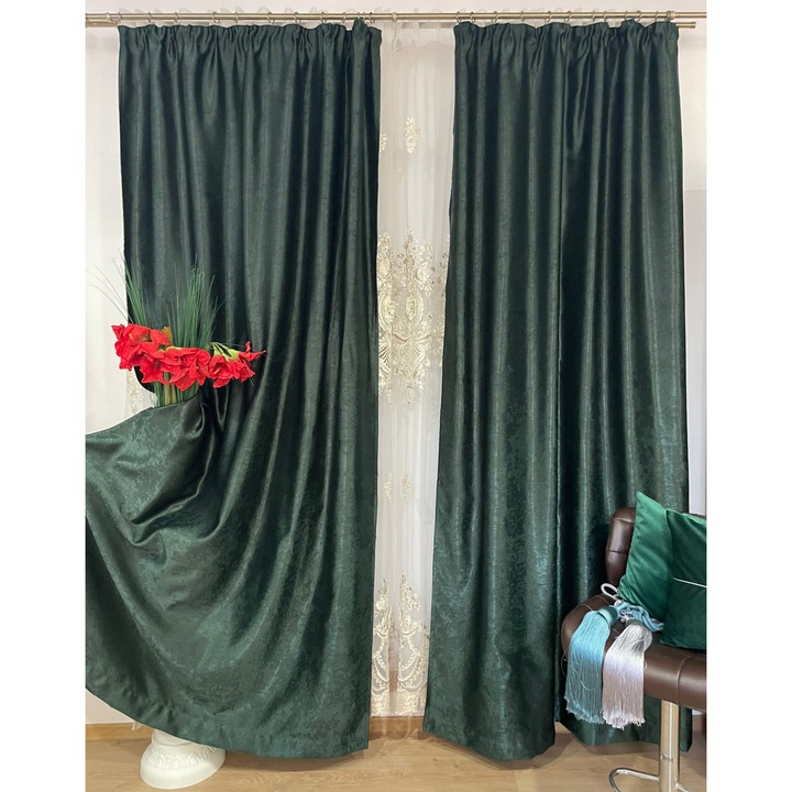 Set doua draperii blackout, cu rejansa, culoare verde inchis, 400x245x2buc, din colectia "Monocrom" by Liz Line DR174