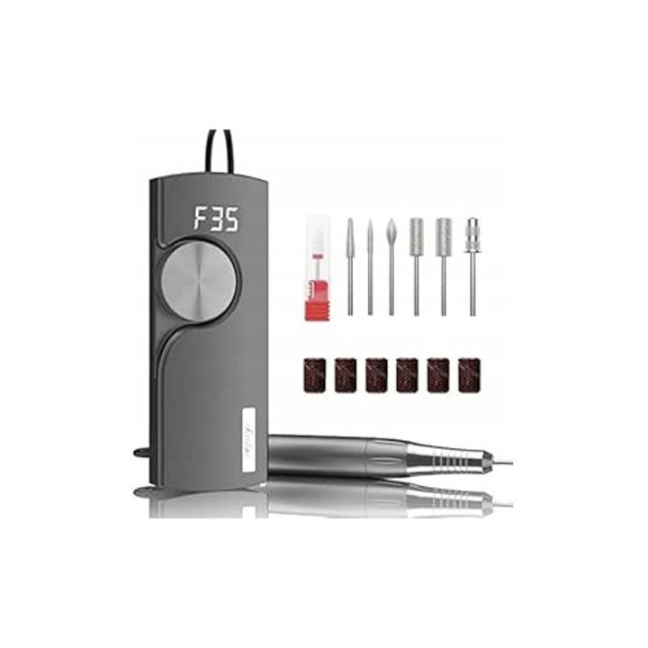 Freza profesionala pentru unghii, set cu 7 freze, 35000 rpm, fara fir, 2000 mAh