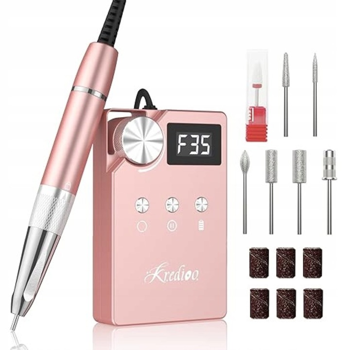 Freza profesionala pentru unghii, set cu 7 freze, 35000 rpm, fara fir, 1500 mAh