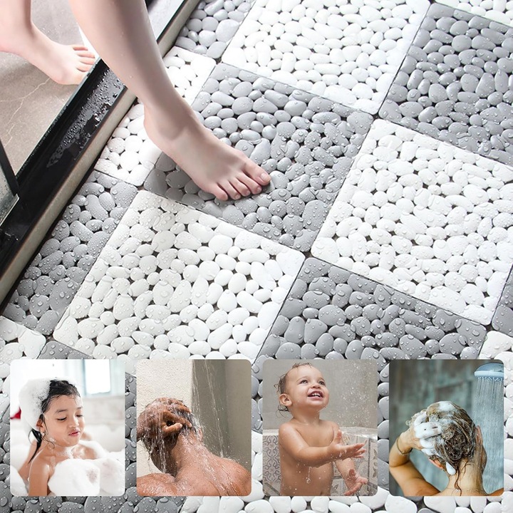 Set 10 covoare antiderapante HAPPY JOKER Alb-Gri, 30x30cm, rezistente la apă, ideale pentru băi și zone umede